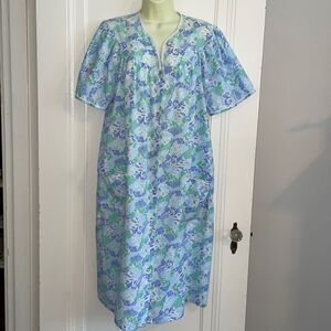 Vintage 80s Coffee Casual‎ (Sears) blue/green polyester/cotton house coat/robe